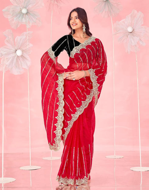 Vasthrlay Embroidery Scalloped Unstitched Red Saree