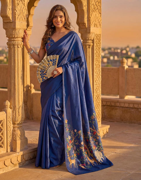 Vasthrlay Womens Printed Unstitched Navy Blue Saree
