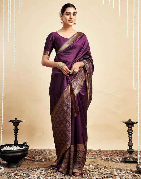 Vasthrlay Womens Banarasi Jacquard Wine Saree With Unstitched Blouse Piece