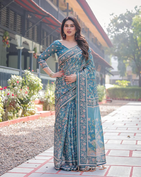 Vasthrlay Turquoise Embroidery Traditional Saree