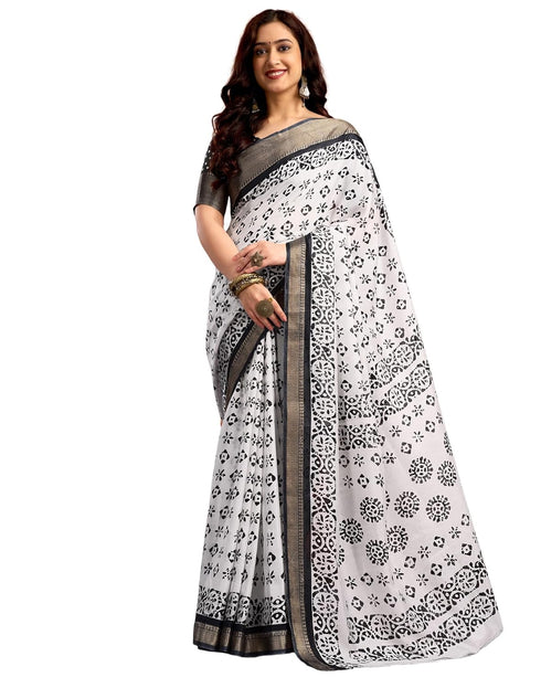 Vasthrlay Womens Printed Unstitched White Saree
