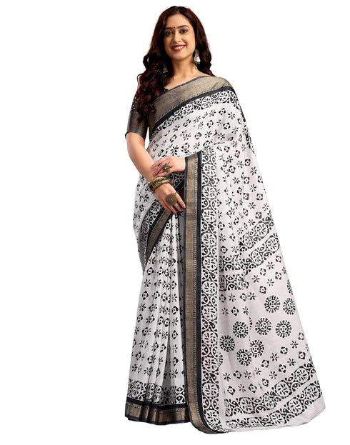 Vasthrlay Womens Printed White And Black Border Saree With Unstitched Blouse Piece