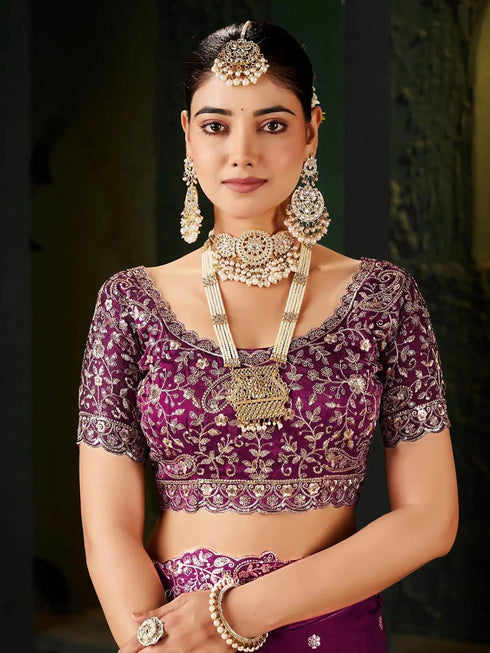 Vasthrlay Scalloped Embroidery Unstitched Rani Pink Saree