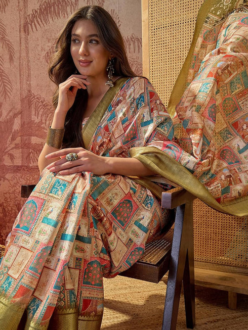 Vasthrlay Printed Jacquard Multicolour Saree With Unstitched Blouse Piece