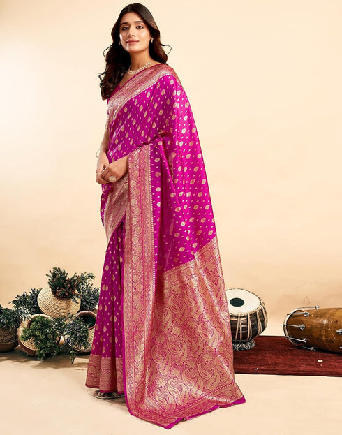 Vasthrlay Kanjivaram Banarasi Wedding Magenta Saree With Unstitched Blouse Piece