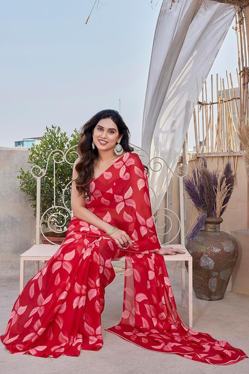 Vasthrlay Fashion Chiffon Printed Red Ethnic Wear