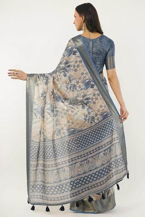 Vasthrlay Dusty Blue Beige Abstract Print Polyester Saree With Zari Border And Unstitched Blouse Piece