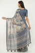 Vasthrlay Dusty Blue Beige Abstract Print Polyester Saree With Zari Border And Unstitched Blouse Piece