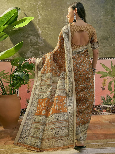 Vasthrlay Womens Printed Unstitched Beige Saree