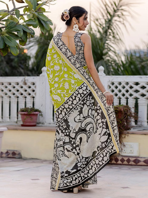 Vasthrlay Womens Printed Lime Green Saree With Unstitched Blouse Piece