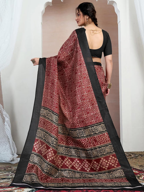 Vasthrlay Bandhani Printed Maroon Saree With Unstitched Blouse Piece