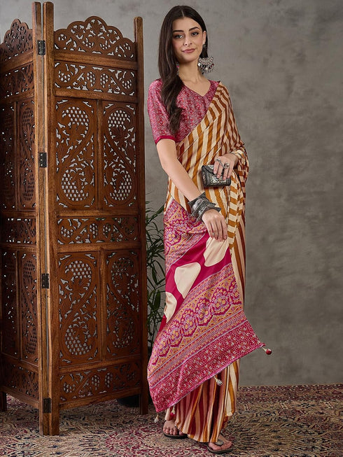 Vasthrlay Printed Tassels Cream Saree