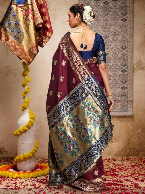 Vasthrlay Banarasi Weaving Navy Navy Blue Saree
