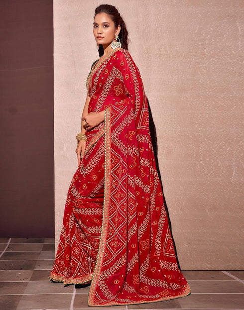 Vasthrlay Georgette Embroidery Light Red Saree With Green Unstitched Blouse Piece