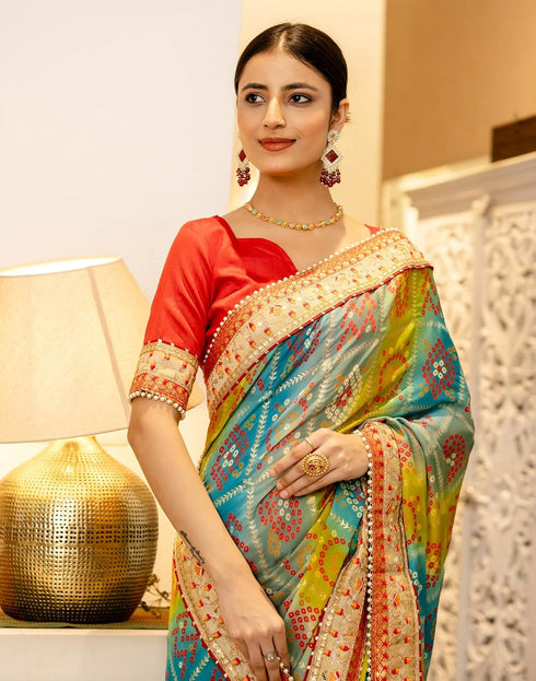 Vasthrlay Bandhani Embroidery Unstitched Multicolor Saree