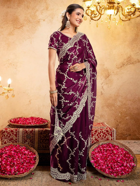 Vasthrlay Scalloped Embroidery Unstitched Light Green Saree