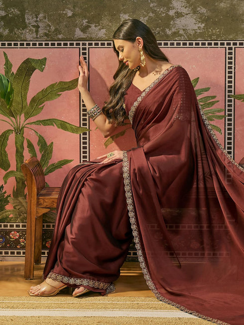 Vasthrlay Sequins Embroidery Unstitched Maroon Saree