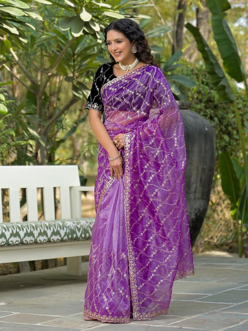 Vasthrlay Sequins Embroidery Turquoise Saree