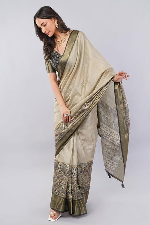 Vasthrlay Cream Striped | Floral | Solid Print Design Linen Saree