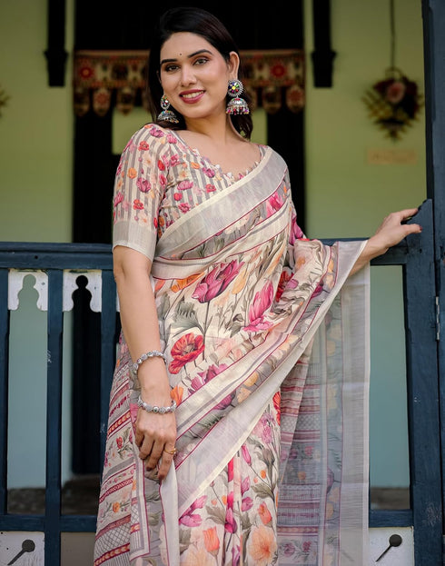 Vasthrlay Womens Printed Unstitched Light Green Saree