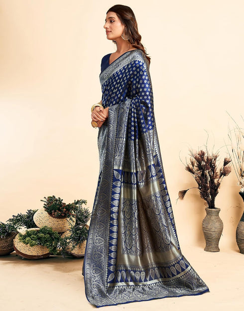 Vasthrlay Kanjivaram Banarasi Wedding Navy Blue Saree With Unstitched Blouse Piece