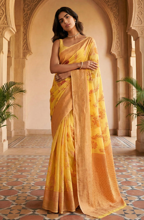 Vasthrlay Yellow Jacquard Floral Saree