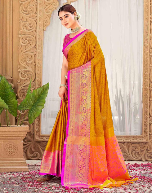 Vasthrlay Banarasi Jacquard Mustard Yellow And Pink Saree With Unstitched Blouse Piece