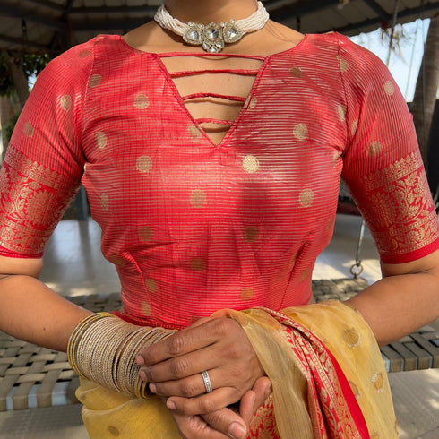 Vasthrlay Organza Golden Traditional Pinkpink