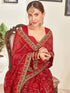 Vasthrlay Georgette Bandhani Printed Sequence Embroidery Dark Red Saree With Unstitched Blouse Piece