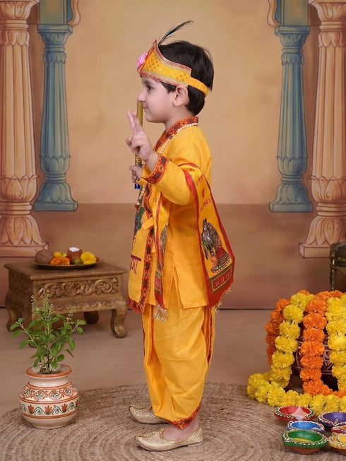 Krishna Makhan Chor Dress, Kurta, Dhoti, Mukut, Bansuri, Mala & Pataka Set