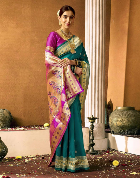 Vasthrlay Paithani Banarasi Unstitched Green Saree