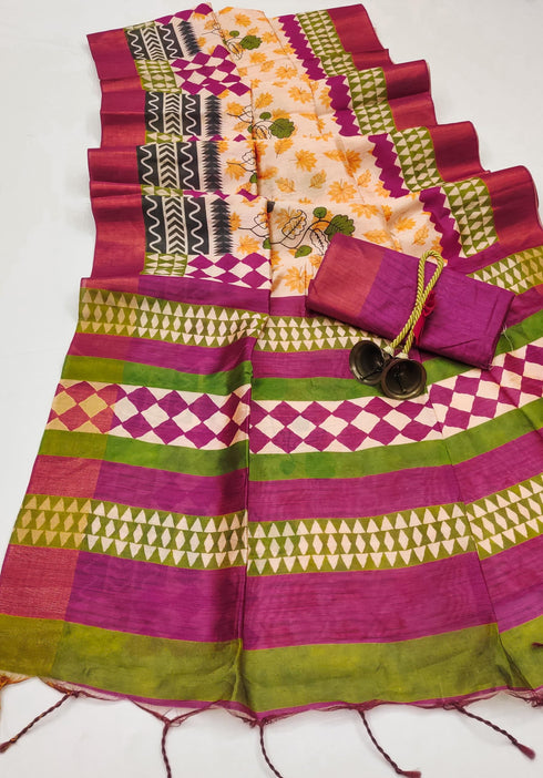 Vasthrlay Tussar Printed Conrast