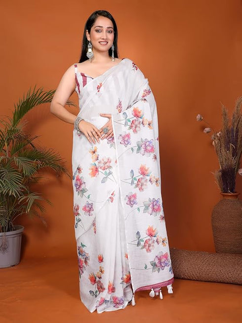 Vasthrlay White1 Linen Floral | Striped | Check Design Printed Saree With Solid Unstitched Linen Blouse Piece