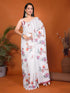 Vasthrlay White1 Linen Floral | Striped | Check Design Printed Saree With Solid Unstitched Linen Blouse Piece