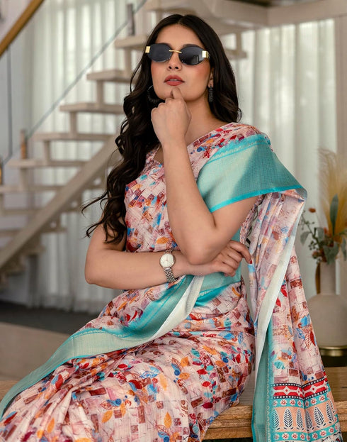 Vasthrlay Womens Printed Unstitched Beige Saree