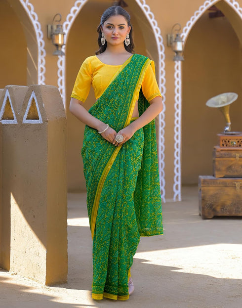 Vasthrlay Chiffon Tassels Unstitched Dark Green Saree