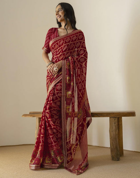 Vasthrlay Georgette Bandhani Unstitched Maroon Saree