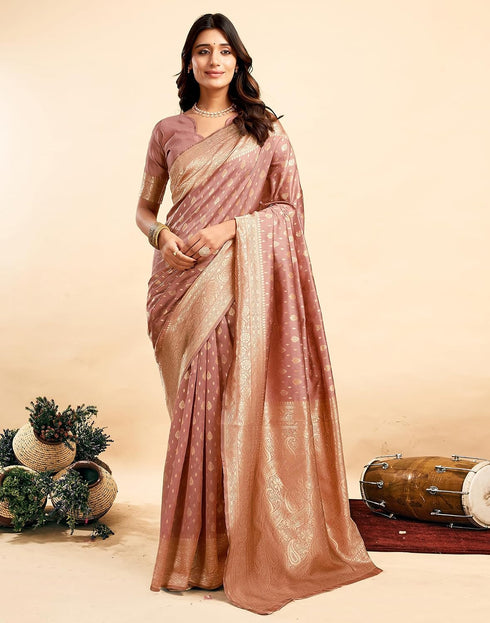 Vasthrlay Kanjivaram Banarasi Wedding Light Pink Saree With Unstitched Blouse Piece