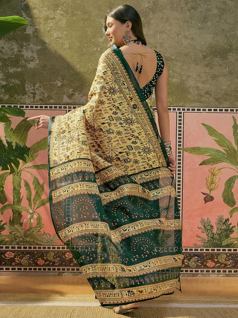 Vasthrlay Womens Printed Dusty Lemon Yellow Saree With Unstitched Blouse Piece