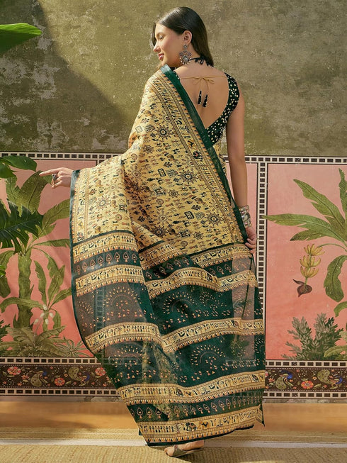 Vasthrlay Womens Printed Unstitched Beige Saree