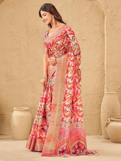 Vasthrlay Printed Jacquard Unstitched Dusty Pink Saree