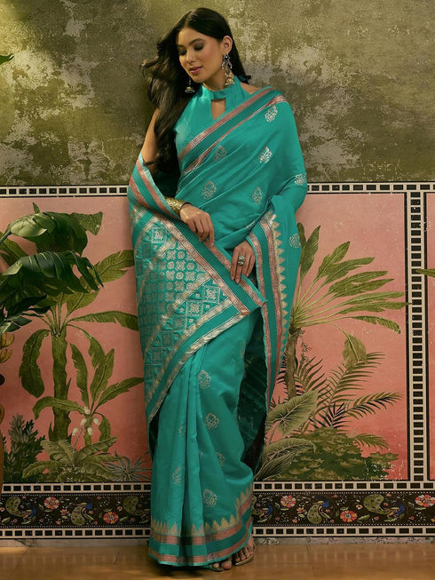 Vasthrlay Banarasi Weaving Light Green With Unstitched Blouse Piece