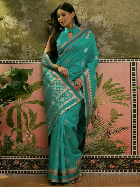 Vasthrlay Banarasi Weaving Unstitched Teal Saree