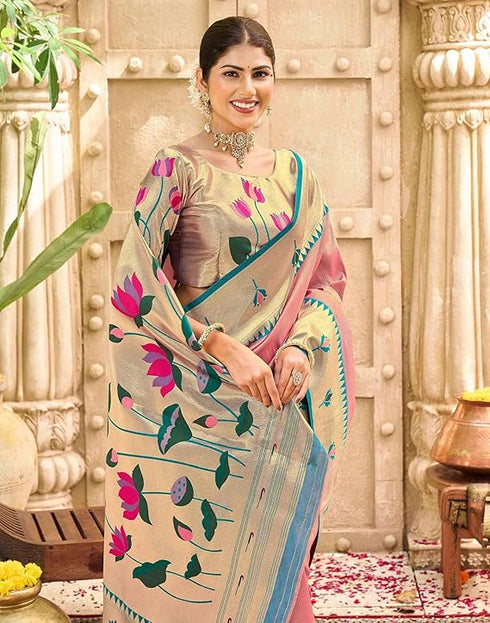 Vasthrlay Paithani Kanjivaram Unstitched Pink Saree