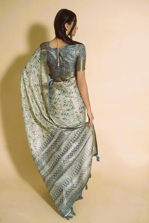 Vasthrlay Steel Grey Beige Geometric Triangle Print Polyester Saree With Muted Gold Zari Border And Teal Blue Ruched Unstitched Blouse Piece