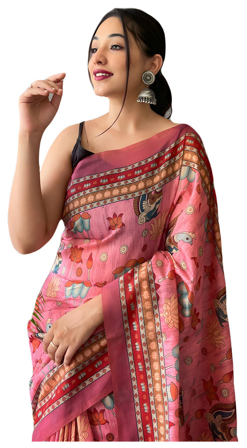 Vasthrlay Pink Printed Unstitched Saree