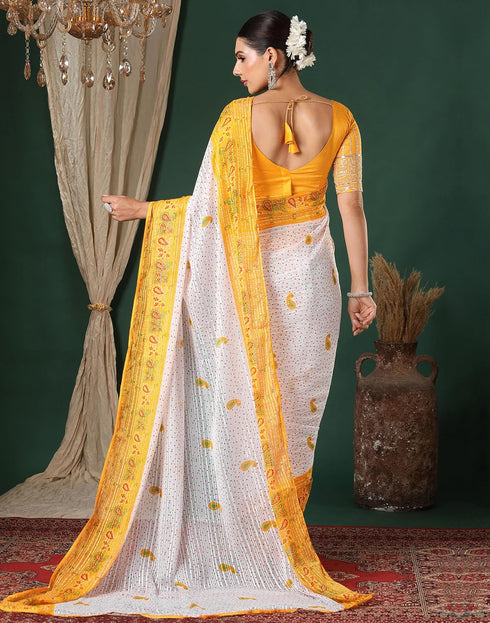 Vasthrlay Georgette Bandhani Unstitched White Saree