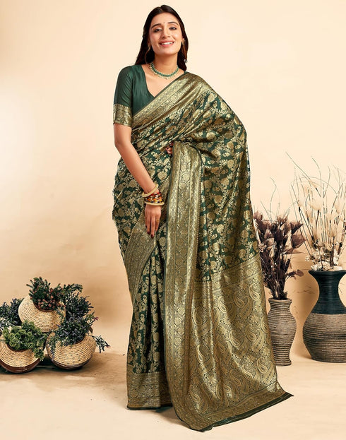 Vasthrlay Womens Banarasi Unstitched Olive Green Saree
