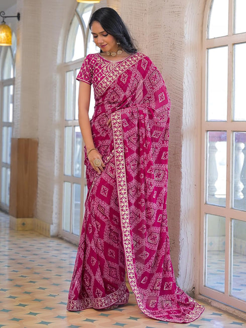 Vasthrlay Georgette Embroidery Unstitched Dark Green Saree