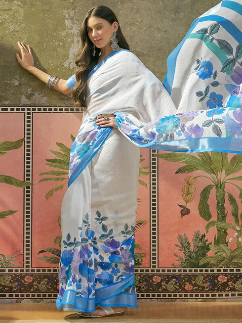 Vasthrlay Womens Printed Unstitched White Saree
